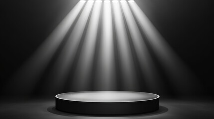 Illuminated Circular Platform Under Spotlight Beams