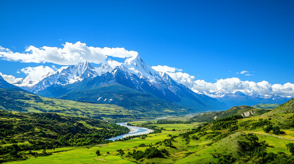 Fototapeta premium Breathtaking landscape background featuring majestic mountains, lush green valleys, and winding river under clear blue sky. perfect scene for nature lovers