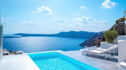 Fototapeta premium Sea view.Luxury modern white beach hotel with swimming pool. Sunbed on sundeck for vacation home or hotel. 