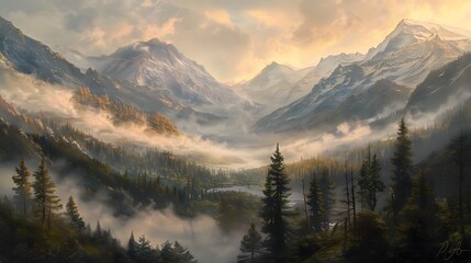 Obraz premium Majestic Mountains Valley Morning Mist Envelops Trees