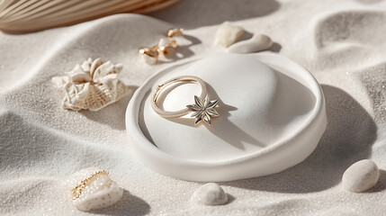 Elegant jewelry displayed on soft surface with seashells and stones, creating serene beach vibe. Perfect for showcasing modern design and coastal aesthetics