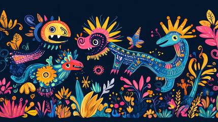 Fototapeta premium A playful illustration featuring a collection of mexican folk art, including alebrijes (colorful mythical creatures), with a dedicated space at the bottom for text. Folk. Illustration