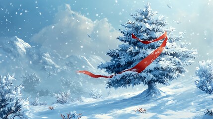 Naklejka premium red ribbon on the New Year tree