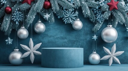 Festive Christmas scene with ornaments and a display podium