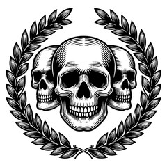 Obraz premium three detailed skulls framed by a laurel wreath, symbolizing victory, mortality, and artistry sketch engraving generative ai PNG illustration. Scratch board imitation. Black and white image