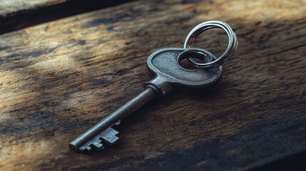 A shiny metal key with a silver-colored house-shaped keychain attached, symbolizing homeownership, real estate investment, and the concept of buying a new home 