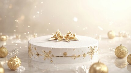 Festive White Gift Cake With Gold Accents And Ornaments