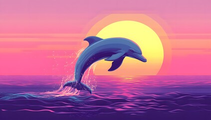 A playful dolphin leaps from the ocean waves as the sun sets, casting a vibrant pink and purple glow across the water. A magical moment of nature's beauty.