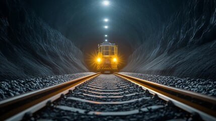 Obraz premium Train Approaching in Dark Underground Tunnel
