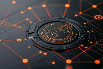 Organization structure and mission, A sleek, dark background features a circular design with interconnected lines and nodes, resembling a digital map or network.