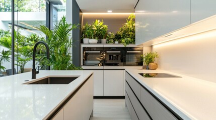 A modern kitchen with sleek appliances, white countertops, and fresh plants, symbolizing a beautiful and functional home