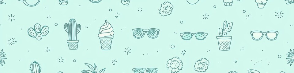Summer Pattern with Hand-Drawn Icons of Cacti, Sunflowers, Ice Cream, Sunglasses, and Palm Trees