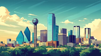 Stylized Dallas Skyline Featuring the Reunion Tower at Sunset