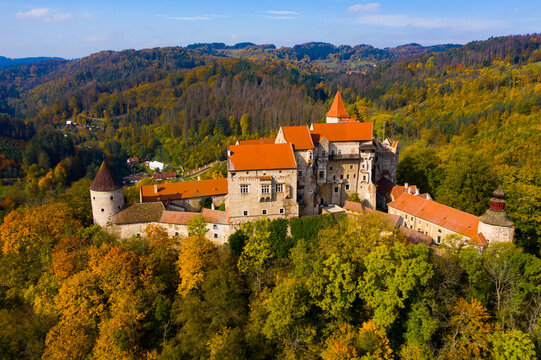 Medieval castle of Pernstein on a hill in the forest. South Moravian region. Czech Republic