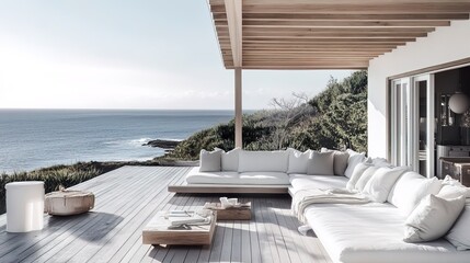 Fototapeta premium Modern beach coastal veranda porch sofa pillows lounge white paint natural timber wood deck roof Hamptons luxury BBQ backyard patio house resort vibes contemporary Cape Cod summer home outdoor living 