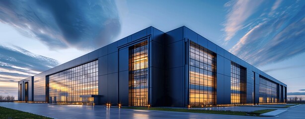 Modern Logistics and Research Facility with Glass Facade at Dusk