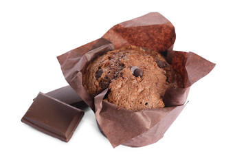 Delicious sweet muffin with chocolate chips isolated on white