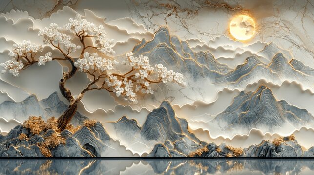 White and Gold Marble Background with Tree of Life and Floral Landscape