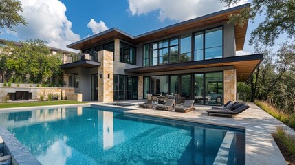 Modern Luxury Home with Swimming Pool and Large Windows 