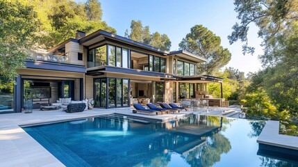 Modern Luxury Home with Swimming Pool and Large Windows  