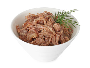 Canned meat and dill in bowl isolated on white