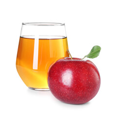 Tasty apple juice in glass and fresh fruit isolated on white