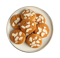 Tasty cookies with almond flakes isolated on white, top view