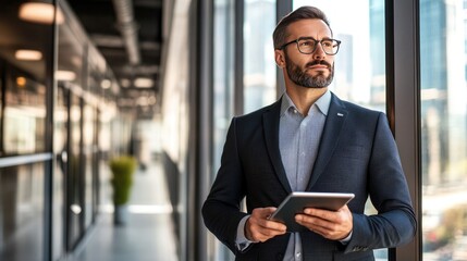 Fototapeta premium Professional Man Holding Tablet in Modern Office Space