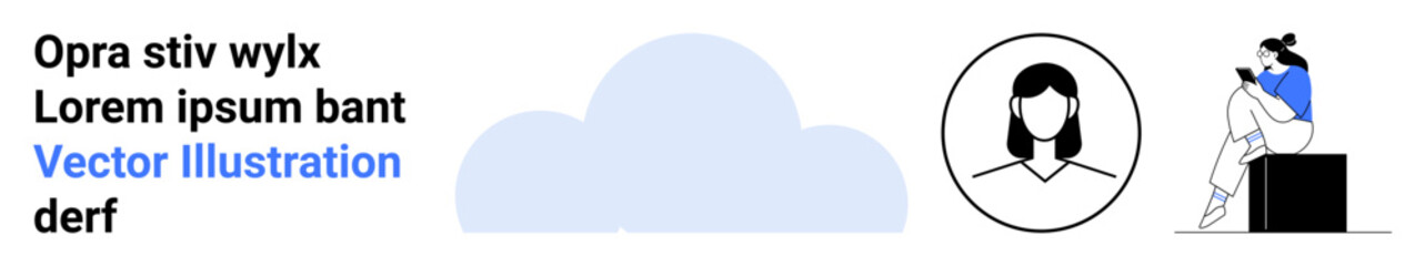 Woman using smartphone while sitting on chair, cloud in the background, and avatar icon with placeholder text. Ideal for tech, profiles, social media, cloud services, identity, user interface web