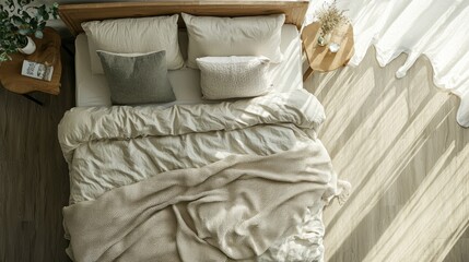 A neatly made bed with pillows and a cozy blanket, viewed from a top-down perspective