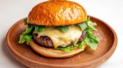 Delicious cheeseburger with lettuce on a wooden plate, white isolate background.