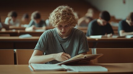 Student Engaged in Exam Preparation in Classroom Setting