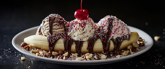 An ice cream banana split with three different flavors of soft serve