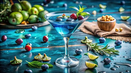 Refreshing Blue Frog Cocktail in Watercolor - Summer Drink with Fruits and Ice in Blue Glass