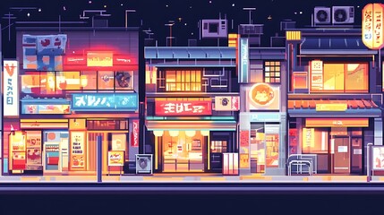 Nighttime view of a vibrant, pixel-art-style Japanese street scene with illuminated shops.