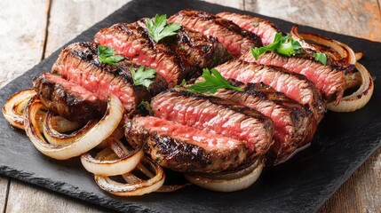 Grilled steak slices served with sauteed onions and fresh parsley on a black plate.