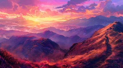 Majestic Sunset Over Purple Mountain Ranges