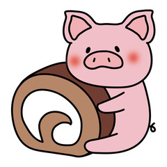 大きなロールケーキを持っているぶた