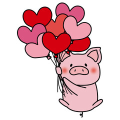 ハートの赤い風船の束を持っているぶた