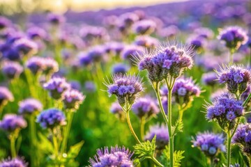 Obraz premium Purple Tansy Field, Phacelia Tanacetifolia, Bee Pasture, Agricultural Plant, Violet Flowers, Green Manure, Apiculture, Blooming Landscape