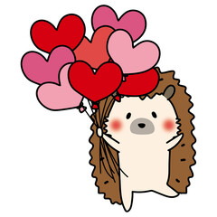 ハートの赤い風船の束を持っているハリネズミ