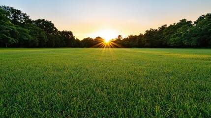 Sunset over a lush green field, vibrant colors, serene nature scene.