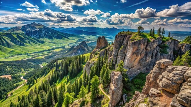 Panoramic View of Rocky Cliffs in Bridger Mountain Range, Bozeman Montana, Summer Landscape with Lush Greenery and Clear Blue Sky