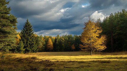 Fototapeta premium Autumn landscape, golden tree in meadow, forest background