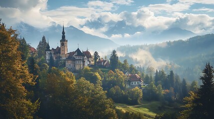 Misty Mountain Village Church Landscape