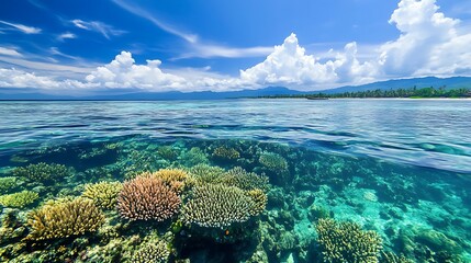 Fototapeta premium Tropical Seascape: Vibrant Coral Reef Under a Sunny Sky