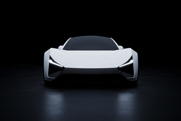 front view of a white futuristic electric sports car isolated on a dark background