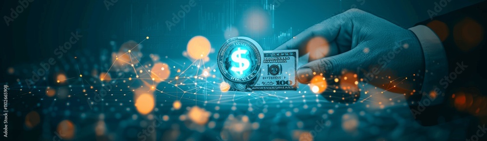 Poster closeup of us dollar bill with stock market chart in the background representing financial and inves