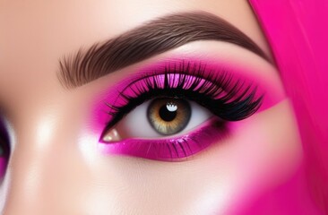 Close-up shot of a beautifully made-up eye with vibrant pink eyeshadow and long, voluminous eyelashes, highlighting flawless skin and detailed eyebrow grooming