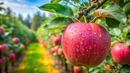 Obraz premium Ripe full pink apple with water droplets on plantation with green foliage background, JPG, AI GENERATED